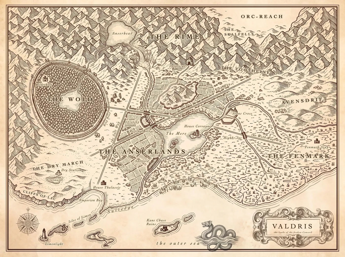 A drawn map of Valdris: the Anserlands at the centre on the river Anser, the Rime and the orc-reaches to the north, the Wold west behind its Ring Road, the Fenmark east, Saltedge on the southern coast, and the Dry March in the southwest.
